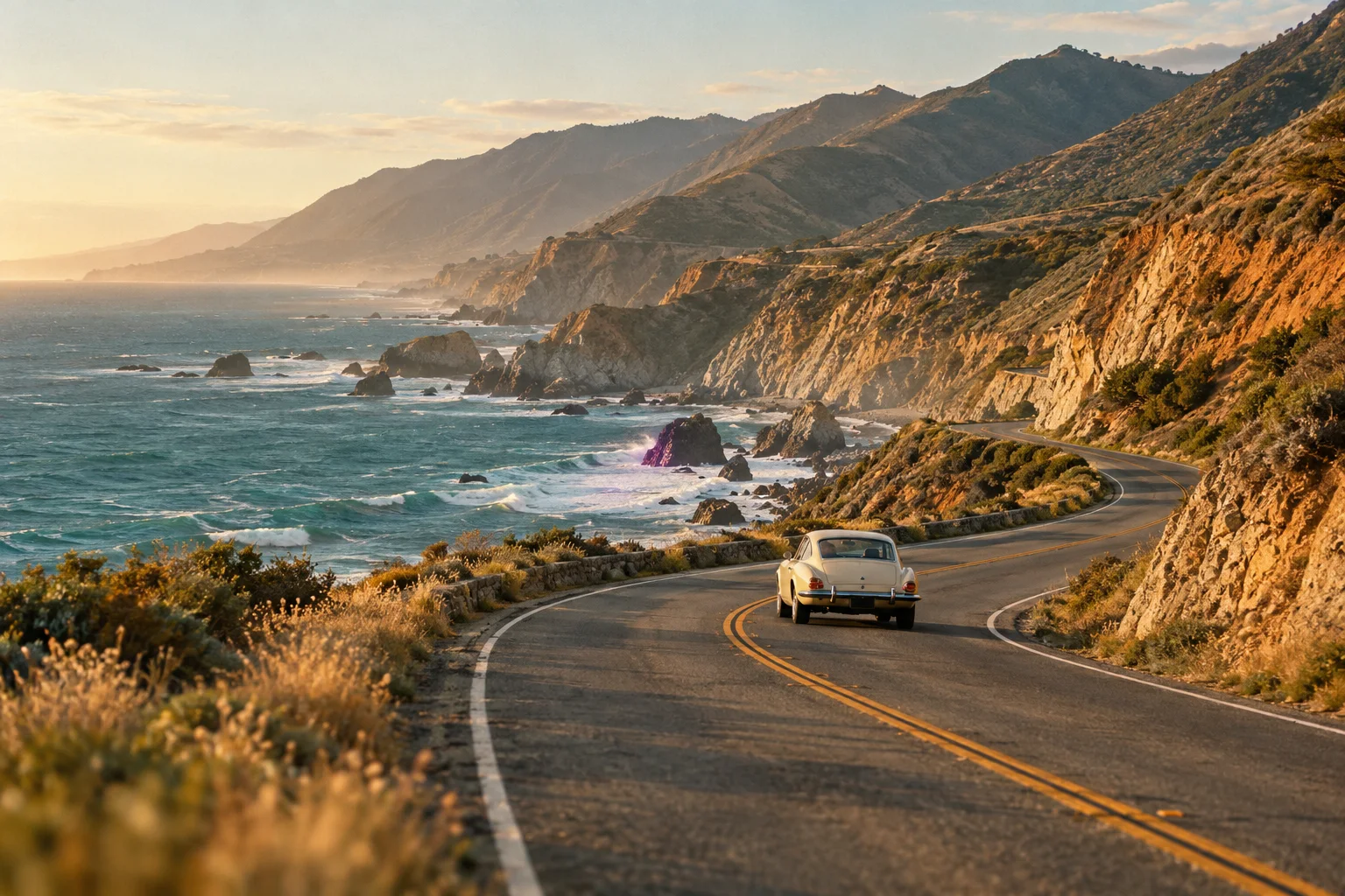 Un coche clásico de color crema en una carretera costera al atardecer
