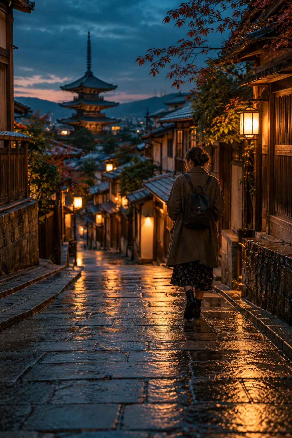 Illustration of a traveler on a lantern-lit Kyoto street after rain