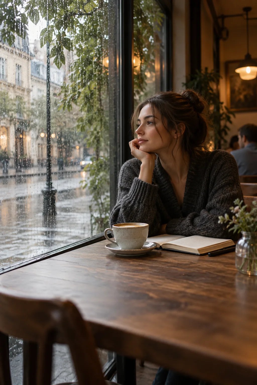 Illustration of a rainy café window with coffee and an open notebook