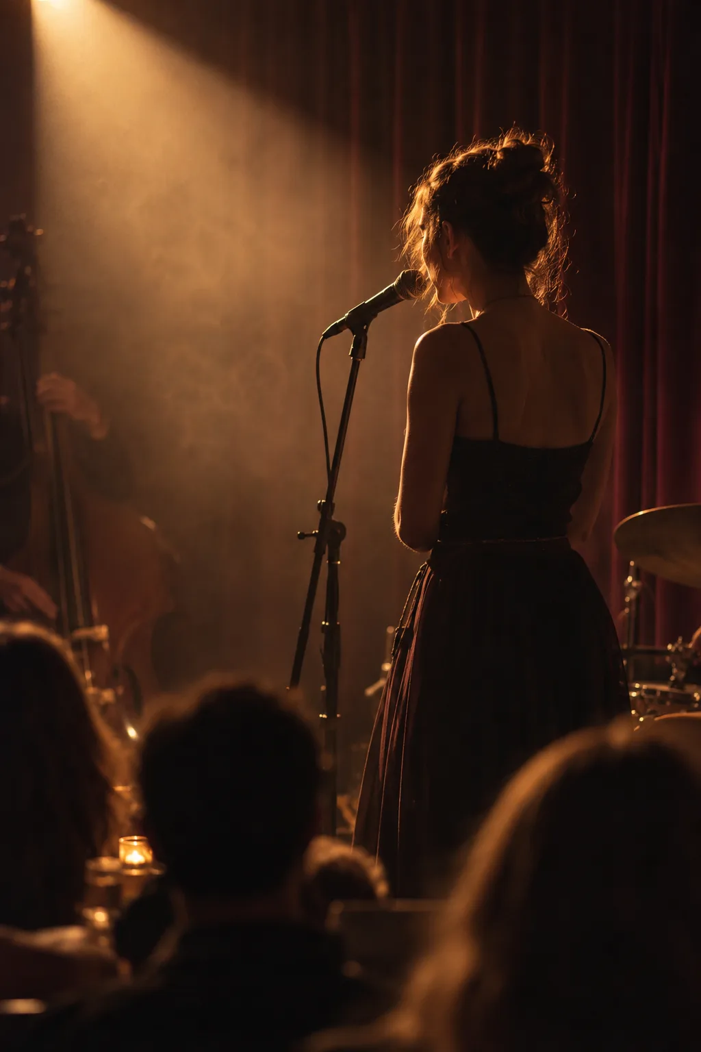 Illustration of a singer on an intimate stage under warm spotlights