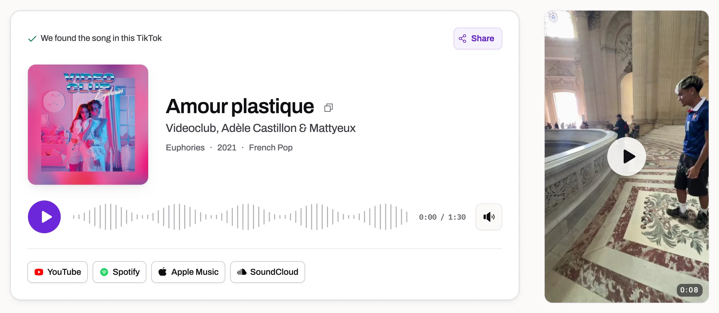 Background music result showing Amour plastique by Videoclub, Adèle Castillon & Mattyeux alongside the Paris video