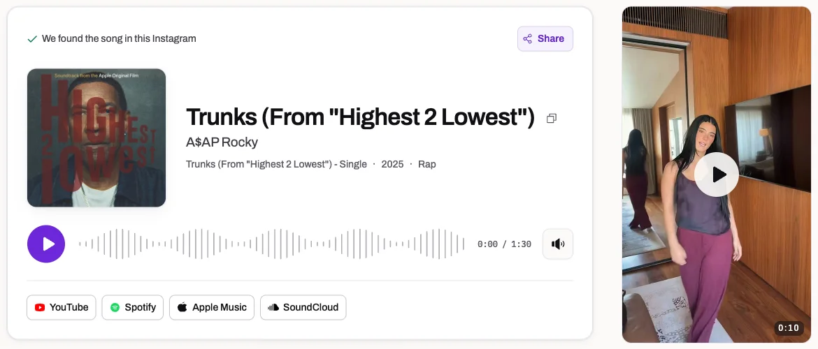 Screenshot des Instagram-Ergebnisses mit „Trunks (From "Highest 2 Lowest")“ von A$AP Rocky neben dem Original-Reel