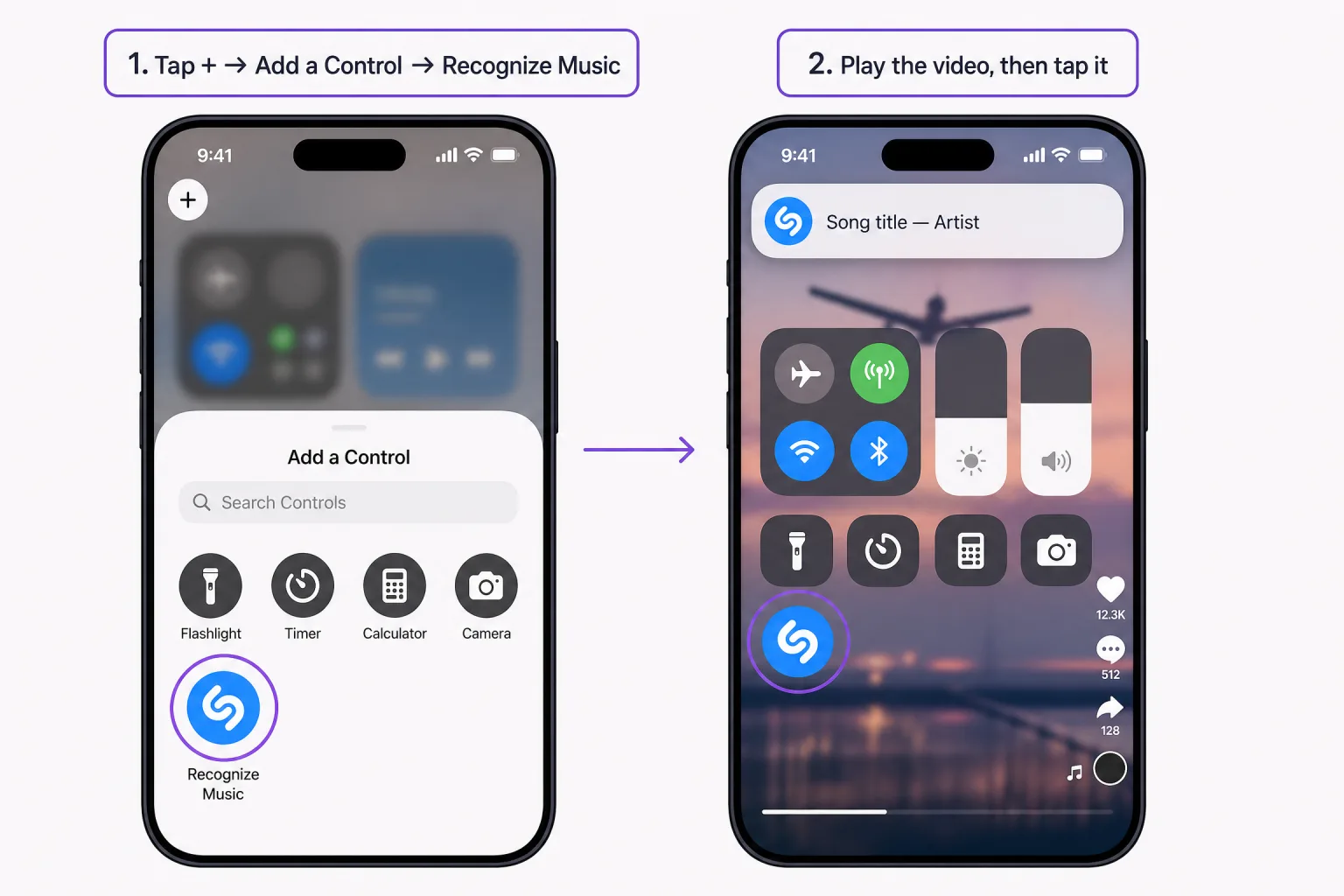Illustration: in Control Center tap +, then Add a Control, and pick Recognize Music (the Shazam S icon); then play the Reel, open Control Center and tap it to see the song title and artist